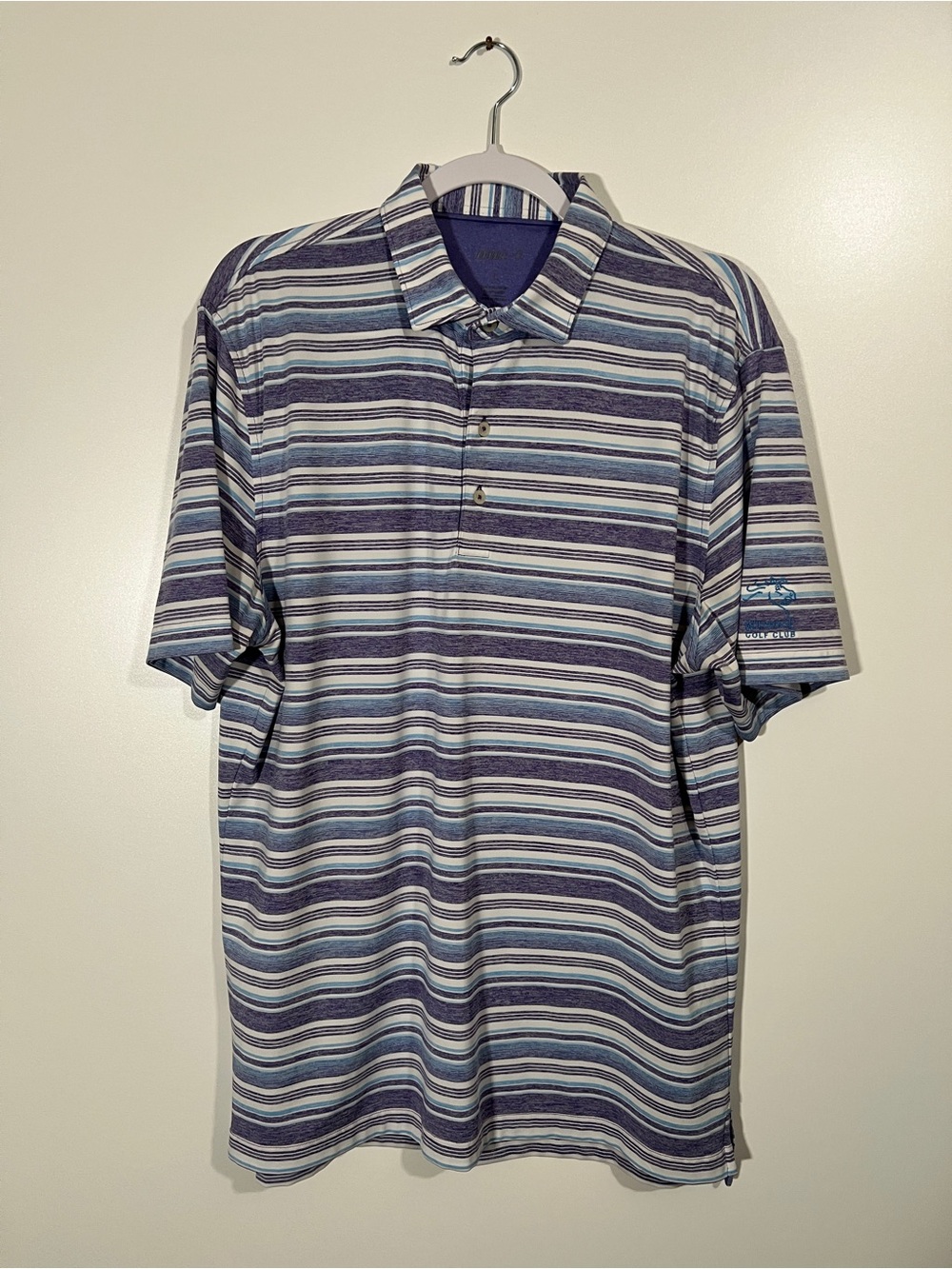 Johnnie-O Golf Shirt Polo Wildhorse Golf Course Size Large Purple Blue Stripes